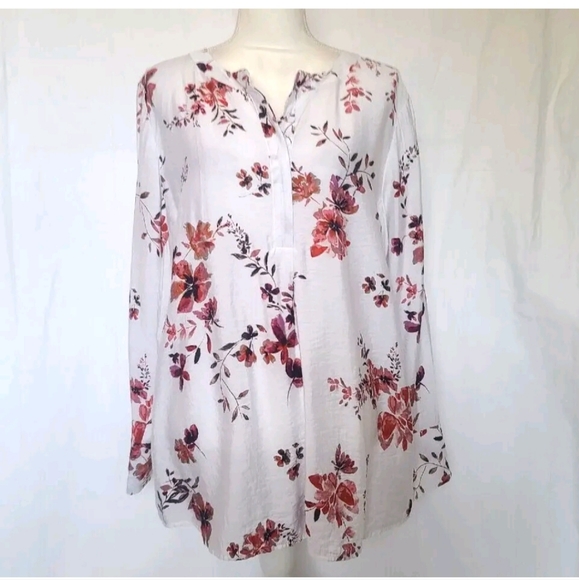 J. Jill Tops - J. Jill White Red Floral Long Sleeve Blouse Top Large